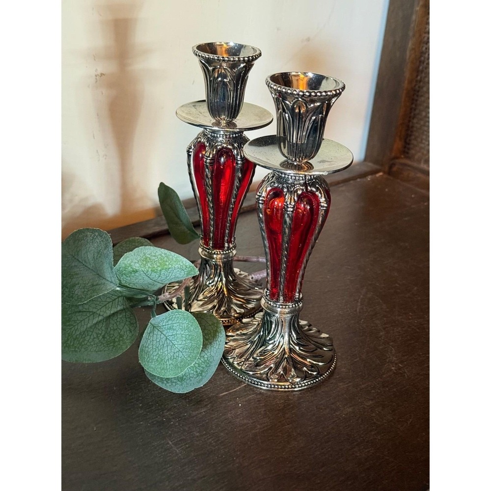 PAIR Ornate silver-plated and ruby red cased bubble glass candlestick holders